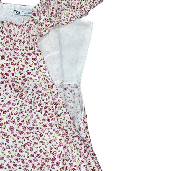Zara Linen Blend White & Pink Floral Mini Dress Size Medium - Picture 9 of 9